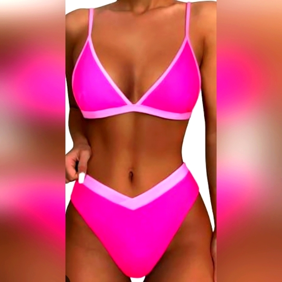 2.🆕Neon Pink Triangle High Cut Bikini Set –Criss Cross High Waisted Bottom NWOT - Picture 1 of 3